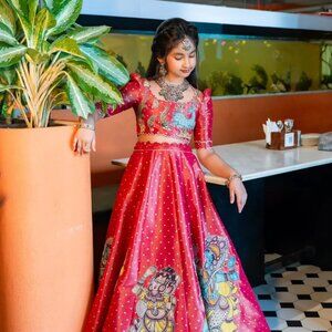 Kalam Kari Printed & Embroidered Girl's Lehenga